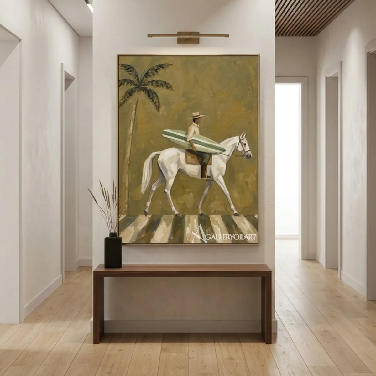 White horse and rider carrying a striped surfboard beside a palm tree in a entryway setting