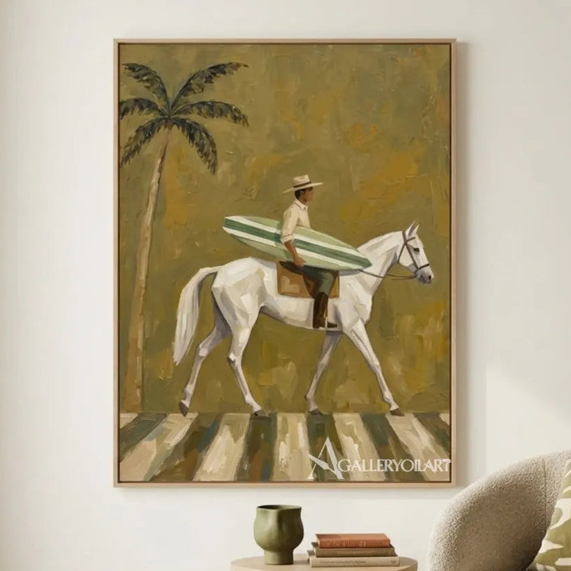 White horse and rider carrying a striped surfboard beside a palm tree in a gallery setting
