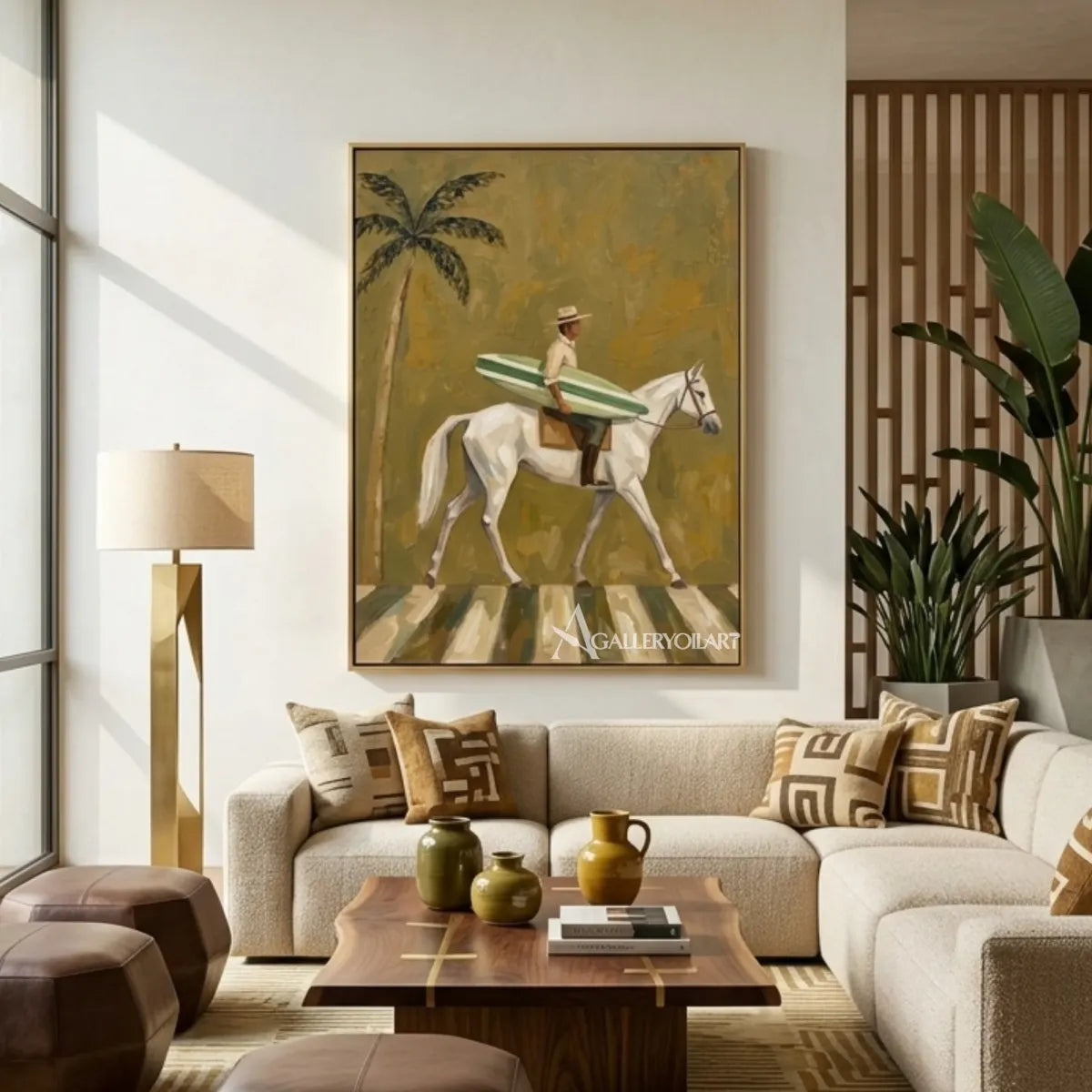 White horse and rider carrying a striped surfboard beside a palm tree in a sunlit living room setting