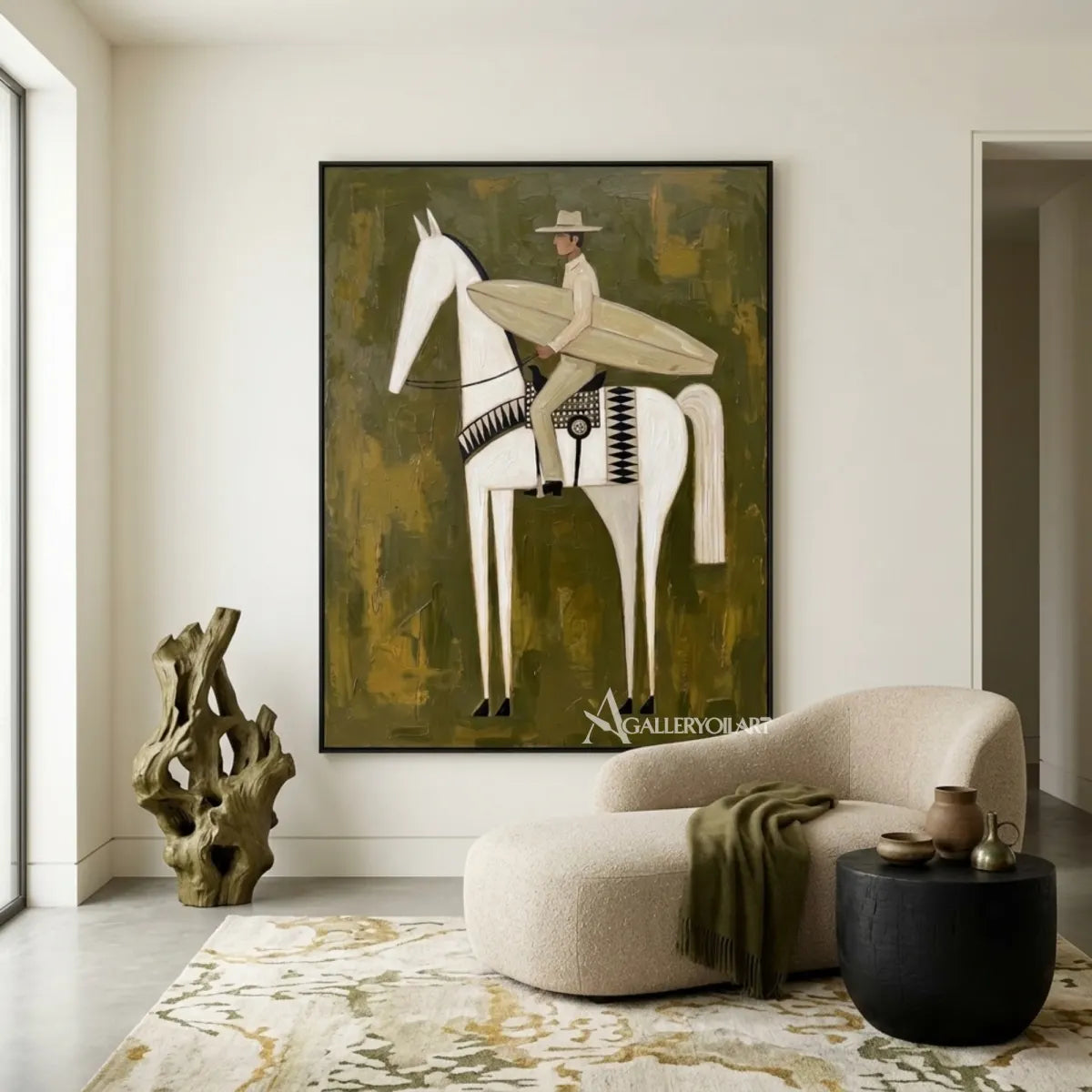 Hat-wearing rider carrying a surfboard on a white horse in a textured green painting in a corridor setting