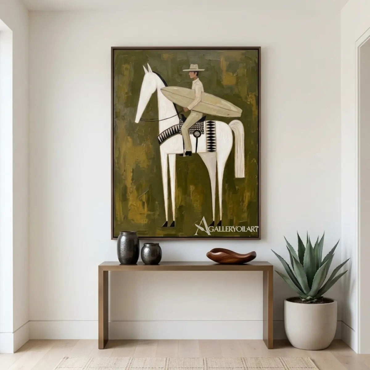 Hat-wearing rider carrying a surfboard on a white horse in a textured green painting in a living room setting