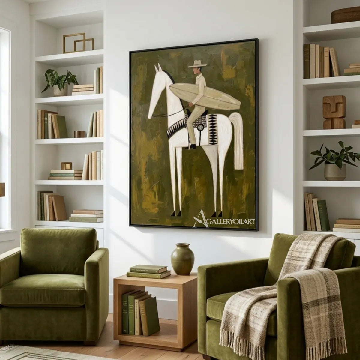 Hat-wearing rider carrying a surfboard on a white horse in a textured green painting in a private lounge setting