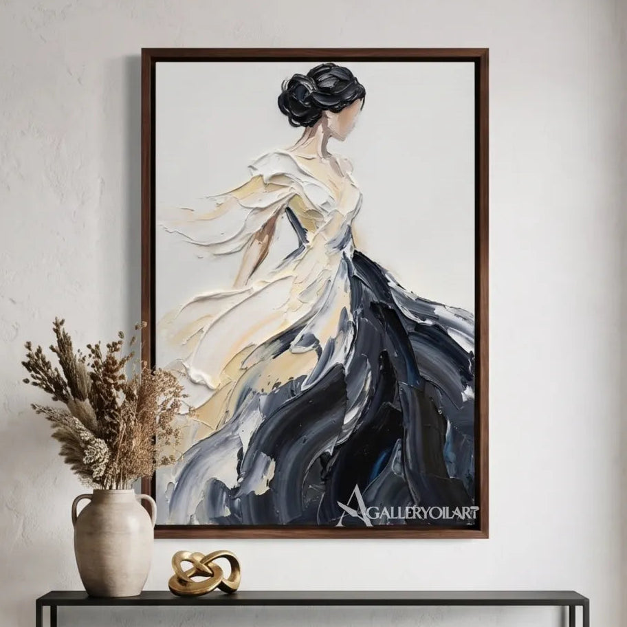Entryway-display-of-a-painterly-woman-portrait-in-a-flowing-gown