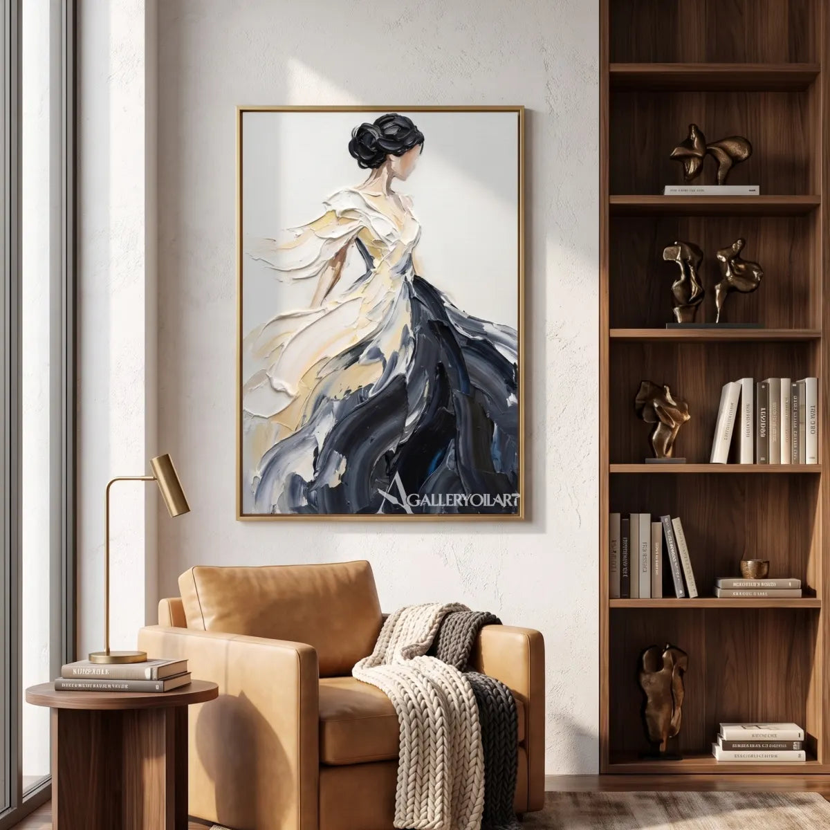 Woman-portrait-art-in-pale-ivory-and-charcoal-in-a-private-reading-room