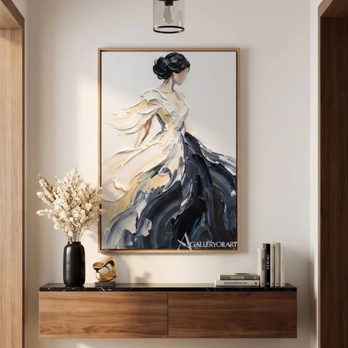 Vertical-gown-portrait-art-in-a-warm-transitional-corridor