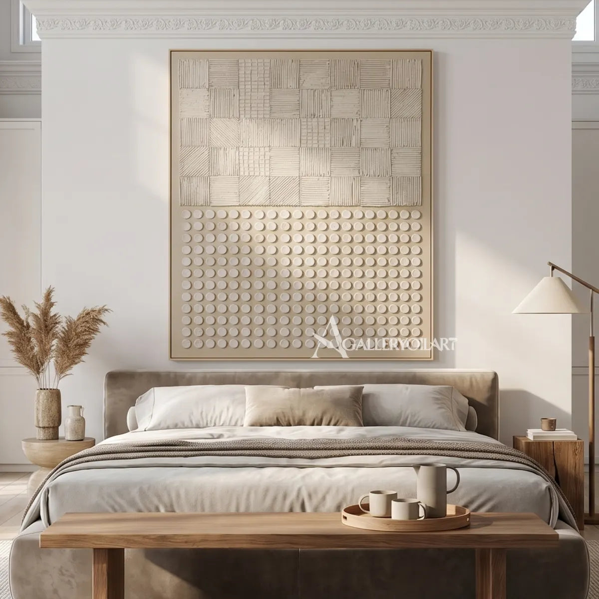 Textured beige raised grid wall art above a console