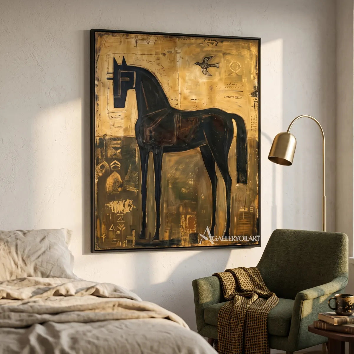 Decorative animal portrait of a tall dark horse-in-reading-corner
