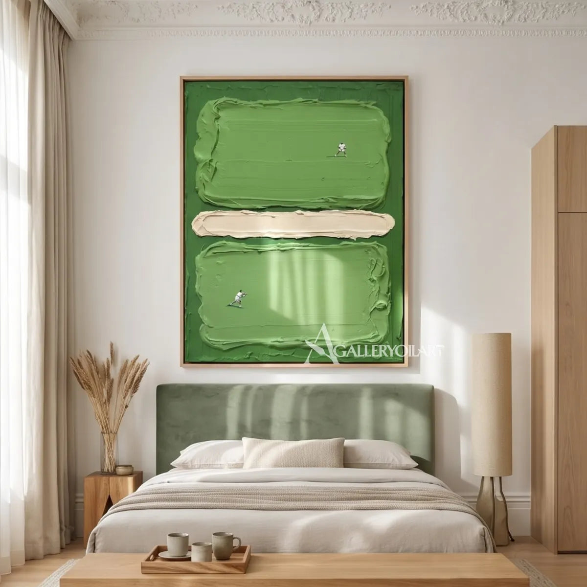 a textured green court with two tiny players in green and cream abstract art wall art in a entryway setting
