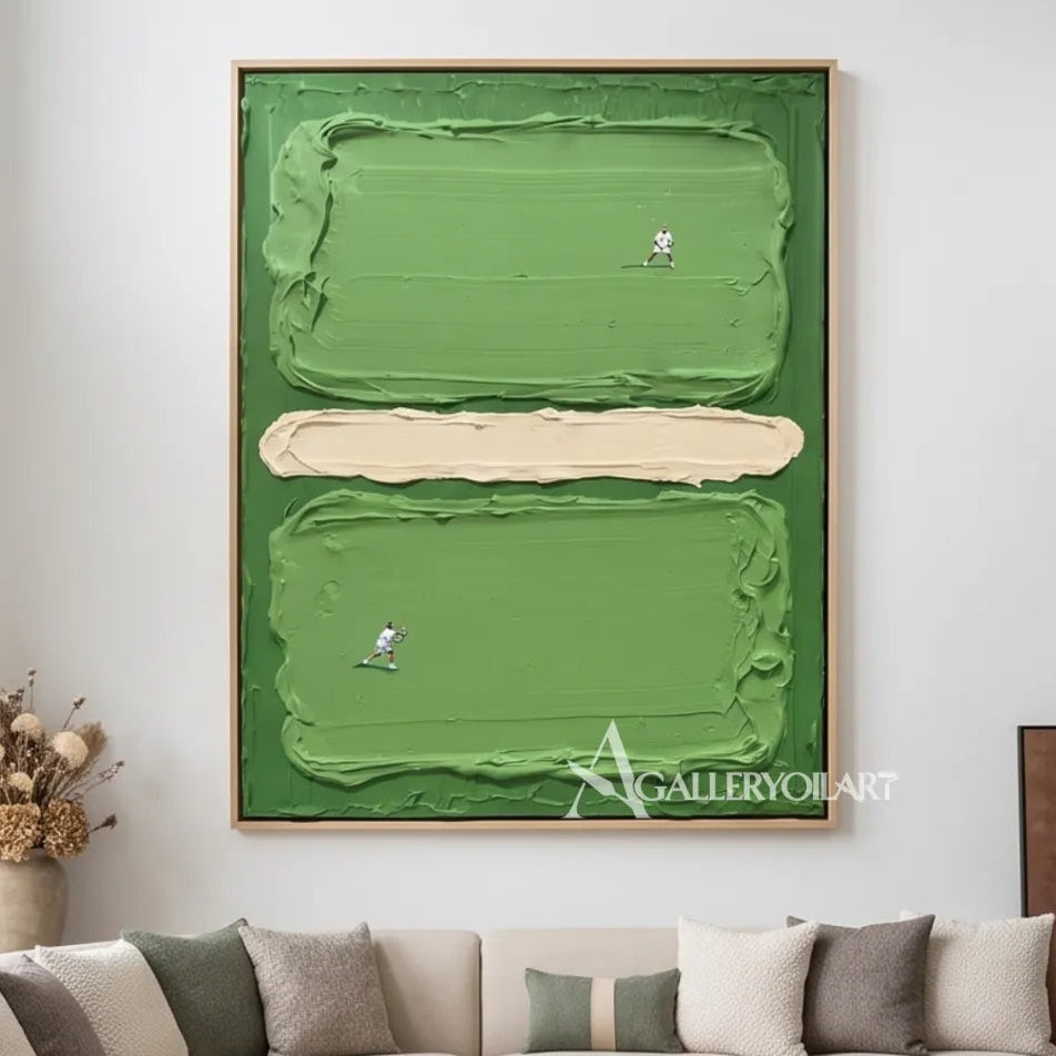 a textured green court with two tiny players in green and cream abstract art wall art in a living room setting