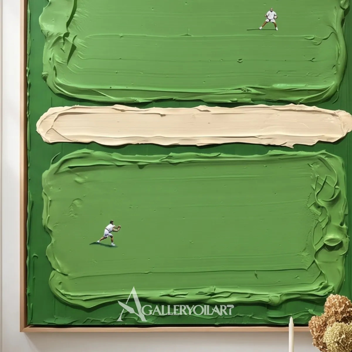 a textured green court with two tiny players in green and cream abstract art wall art in a lounge setting