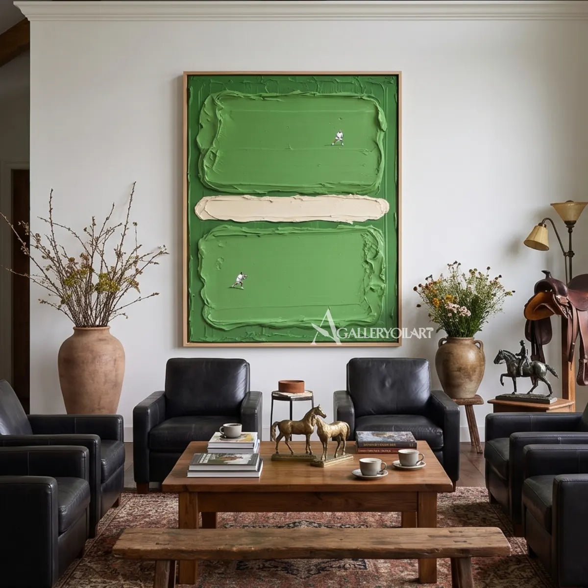 a textured green court with two tiny players in green and cream abstract art wall art in a studio setting