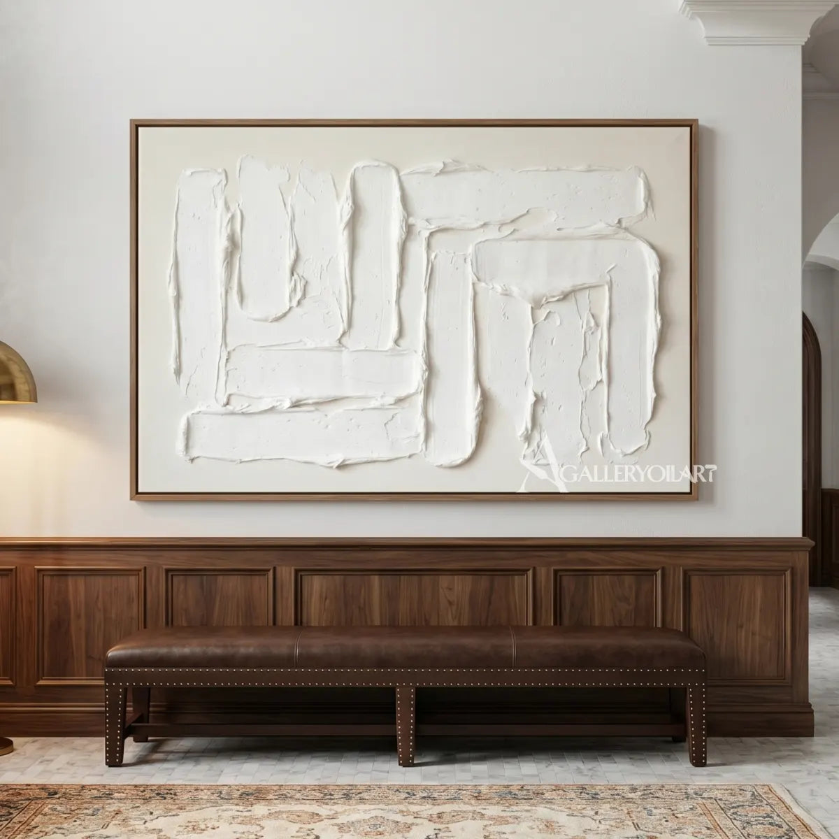 Textured 3D white interlocking relief art above a living room sofa
