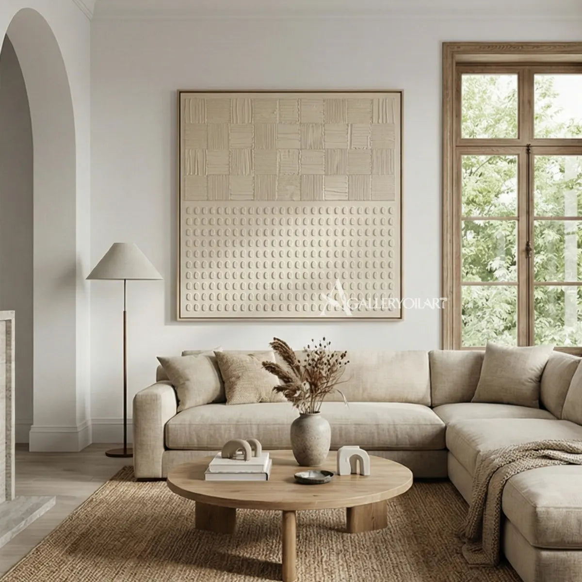 Textured-3d-ordered-patterns-beige-wall-art-above-a-console