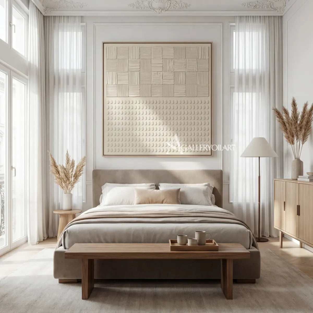 Textured-3d-ordered-patterns-beige-wall-art-in-a-hallway