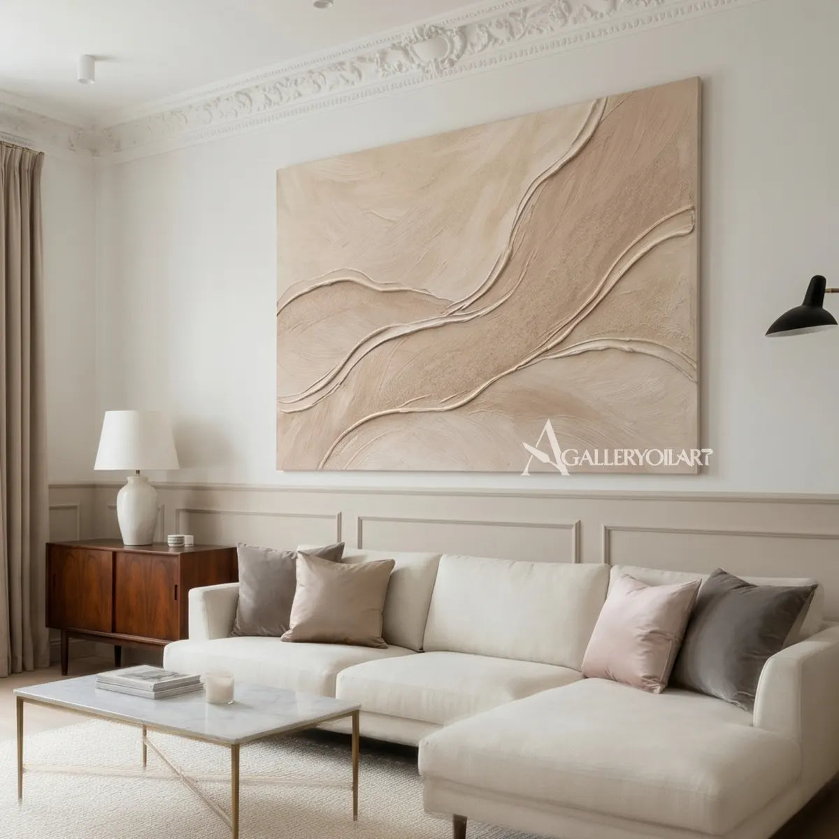 Textured-3d-quiet-currents-beige-wall-art-in-a-dining-room