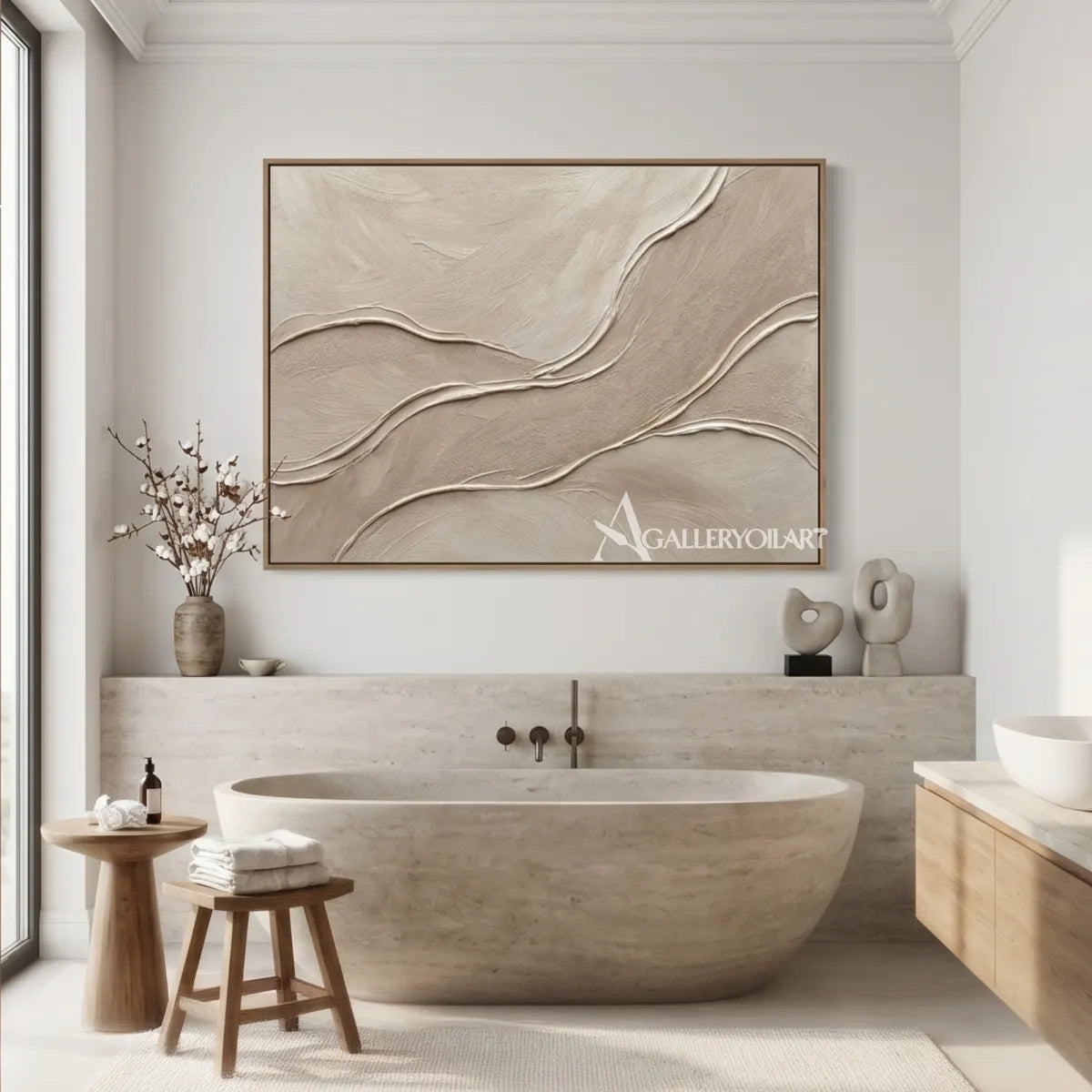 Textured-3d-quiet-currents-beige-wall-art-in-a-hallway