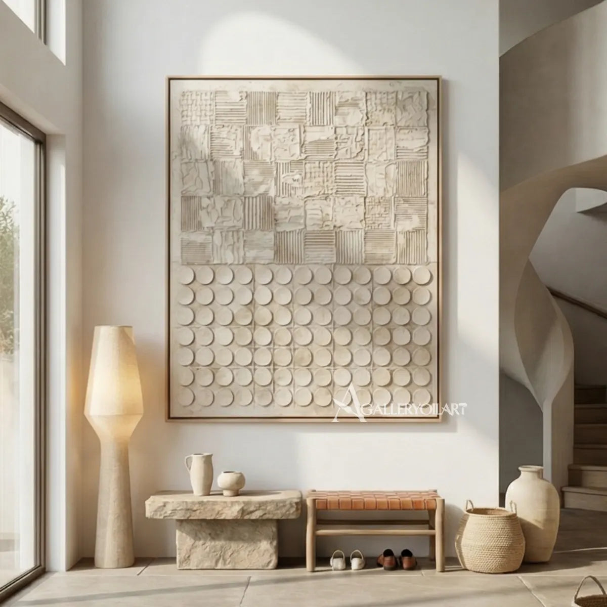 Textured 3D patchwork relief art in warm beige and ivory in an entryway