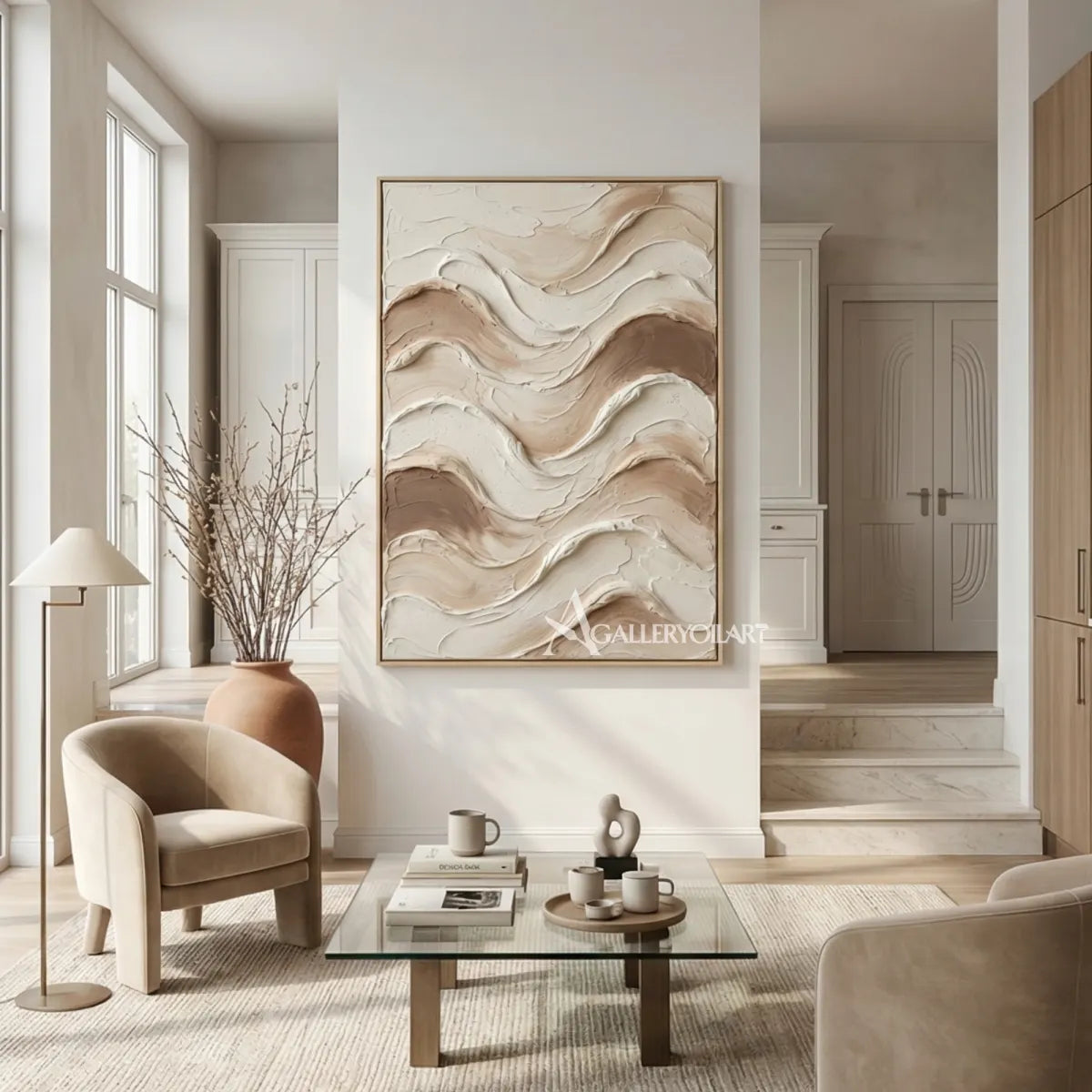 Textured-3d-wave-layers-brown-wall-art-above-a-console