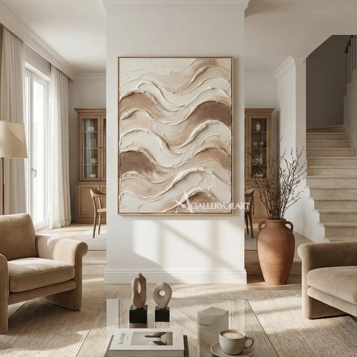 Textured-3d-wave-layers-brown-wall-art-in-a-dining-room