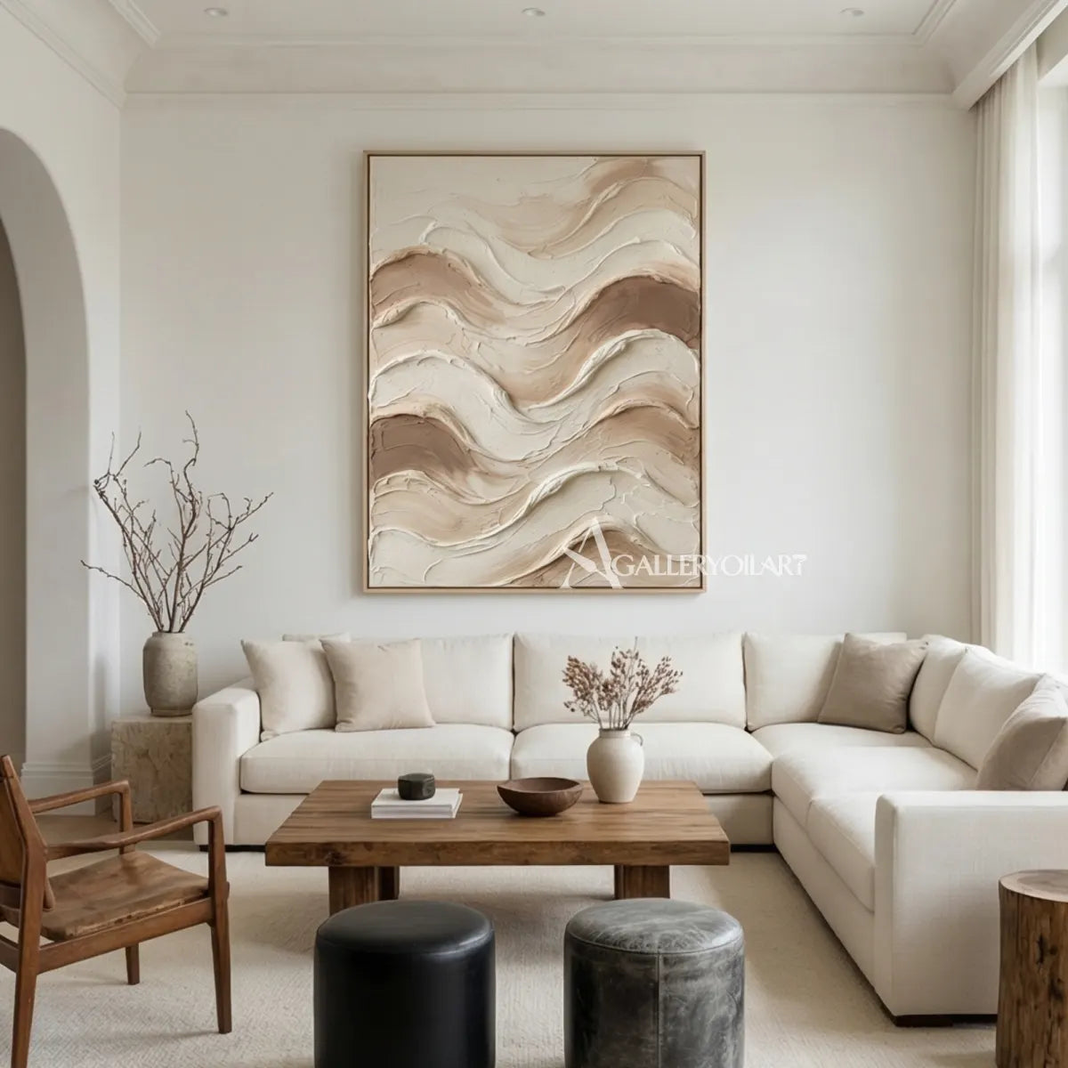 Textured-3d-wave-layers-brown-wall-art-in-a-modern-office