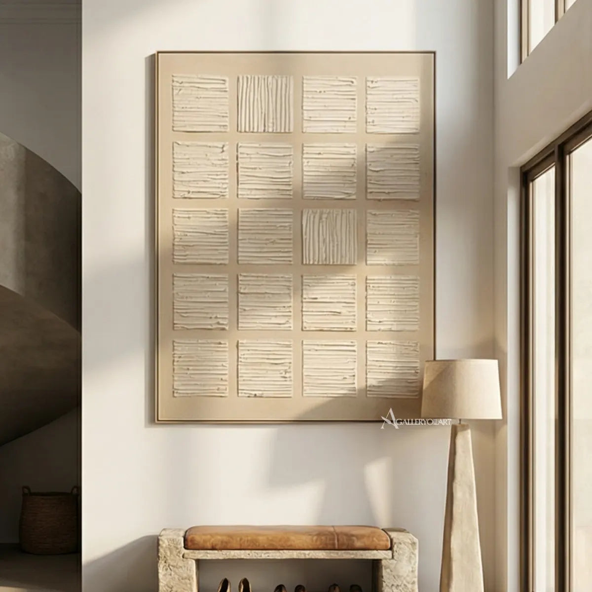 textured-3d-a-grid-of-raised-panels-ivory-cream-sand-beige-and-light-taupe-wall-art-in-console-room