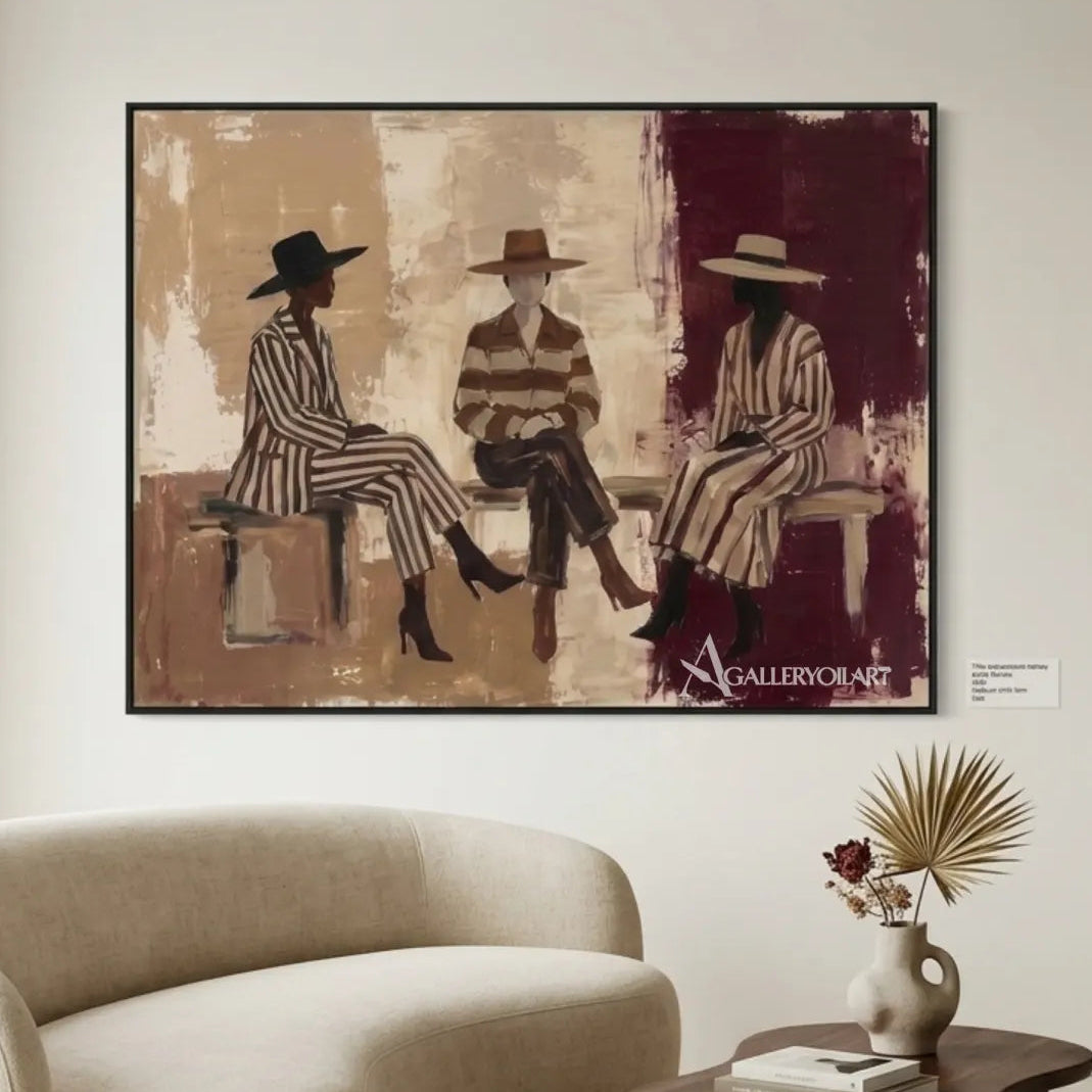 Three-hatted-figures-in-portrait-art-beige-and-burgundy-in-a-sitting-room