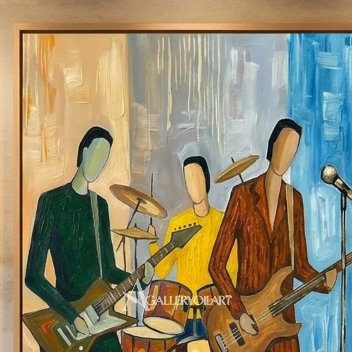 Portrait-art-painting-of-three-musicians-playing-electric-guitar-and-drums-against-blue-and-ochre-in-a-living-room