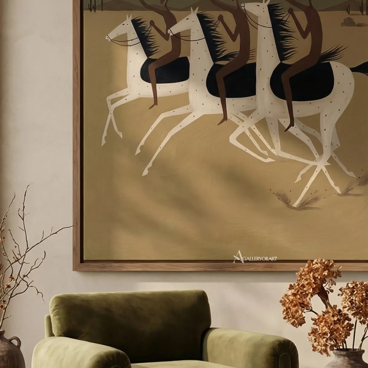 close-view-of-three-cowboys-riding-white-horses-western-cowboy-art-beige-and-black-painting-in-a-living-room