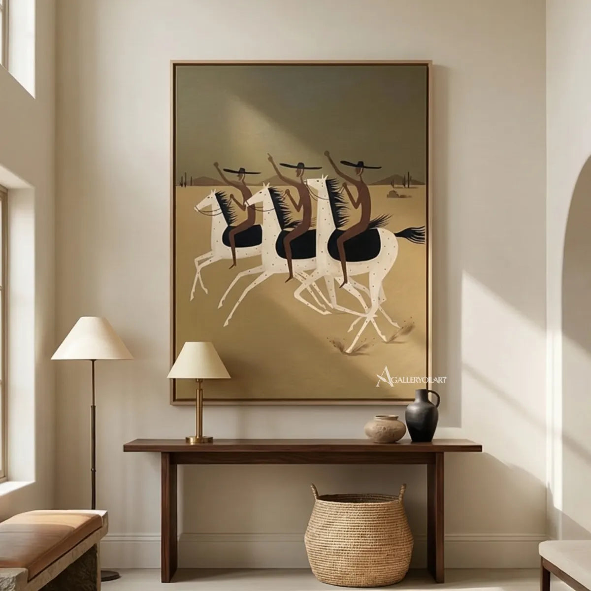 three-cowboys-riding-white-horses-western-cowboy-art-beige-and-black-painting-in-an-entryway