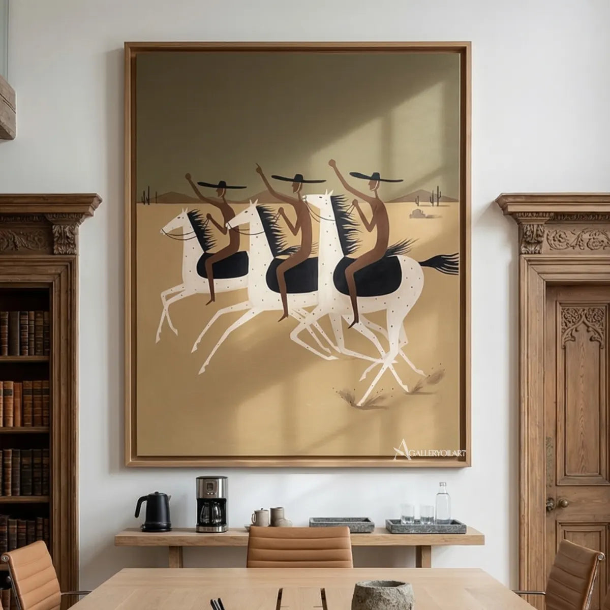 three-cowboys-riding-white-horses-western-cowboy-art-beige-and-black-painting-in-a-library-dining-room