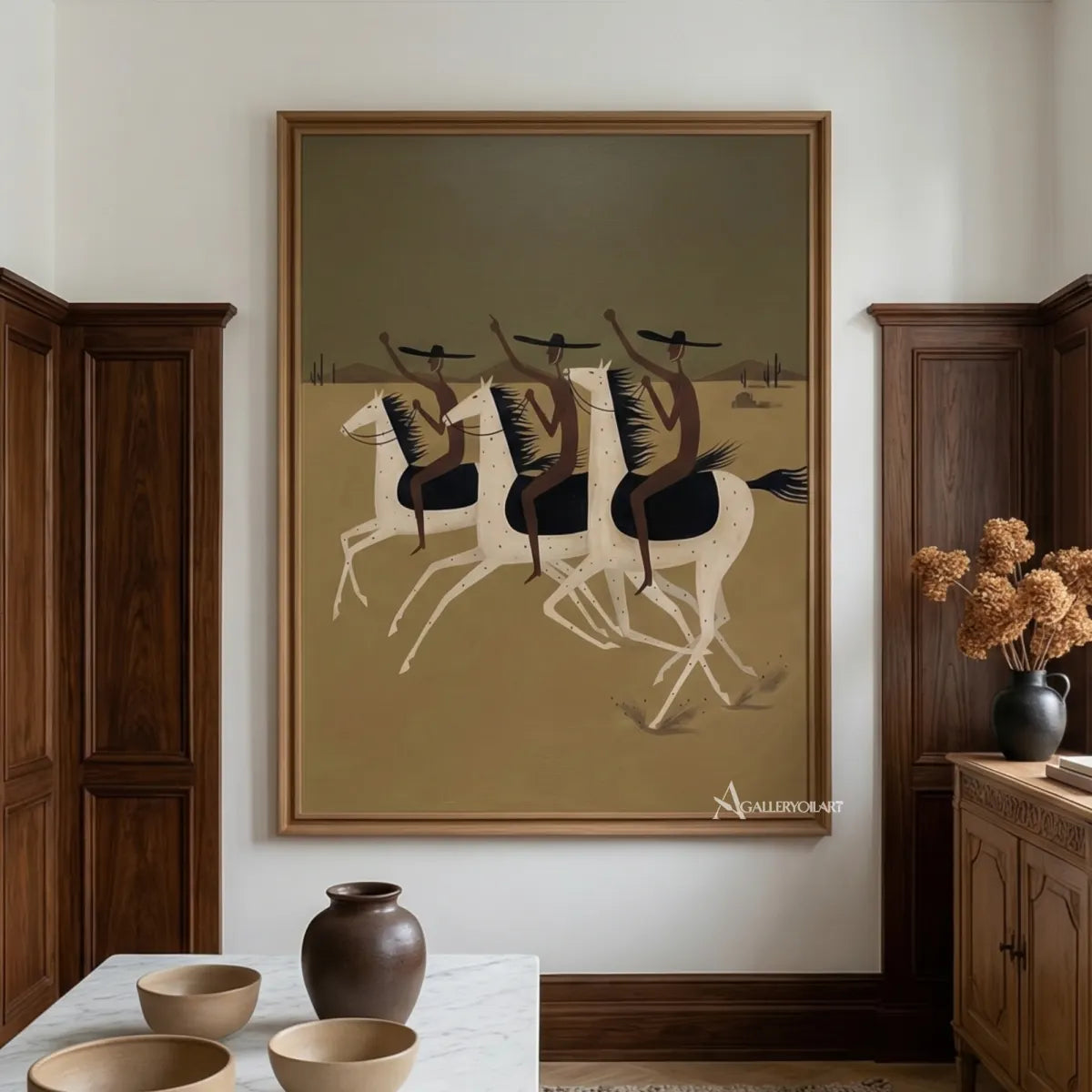 three-cowboys-riding-white-horses-western-cowboy-art-beige-and-black-painting-in-a-wood-paneled-gallery