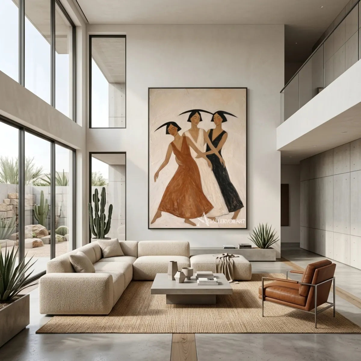 Three-women-dancing-portrait-art-in-a-double-height-interior-with-warm-brown-and-neutral-tones
