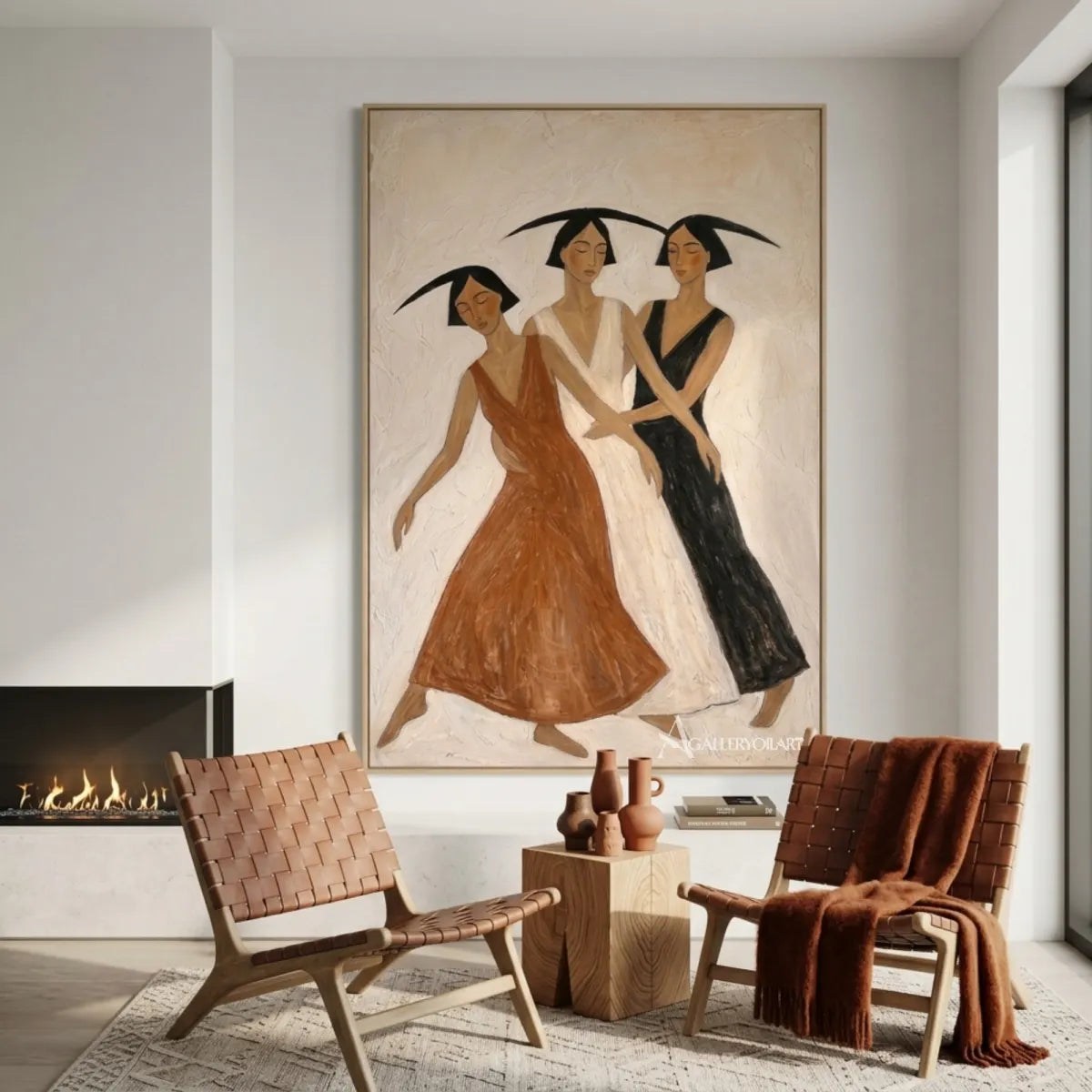 Three-women-dancing-portrait-art-displayed-in-a-contemporary-lounge-with-warm-brown-and-black-tones