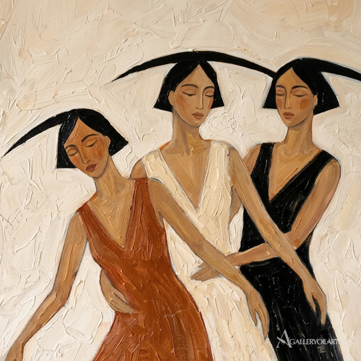 Close-up-of-three-dancers-and-painted-texture-in-portrait-art-with-rust-brown-and-cream