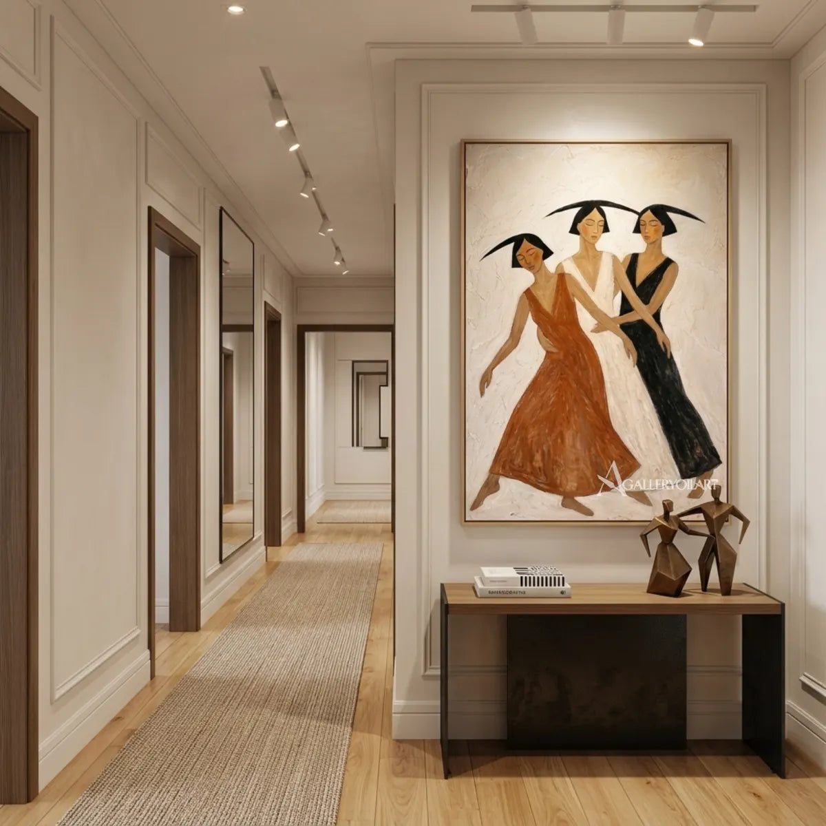 Three-women-dancing-portrait-art-displayed-in-a-modern-transitional-hallway-with-brown-and-cream-tones