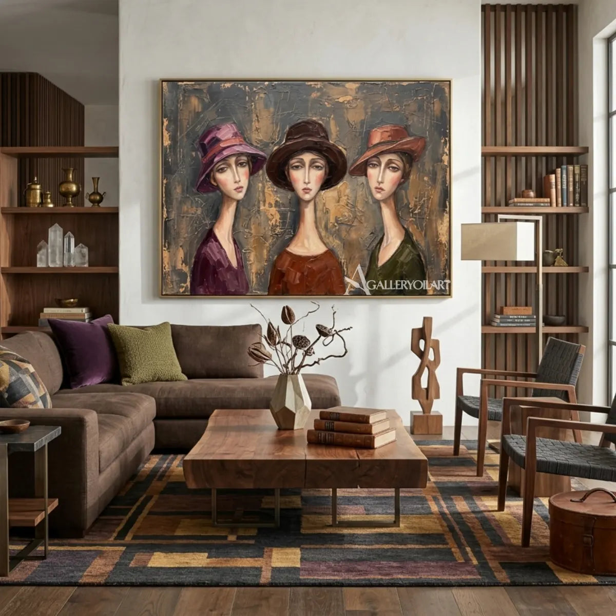 Three-women-in-hats-in-portrait-art-warm-brown-and-gray-close-up-detail