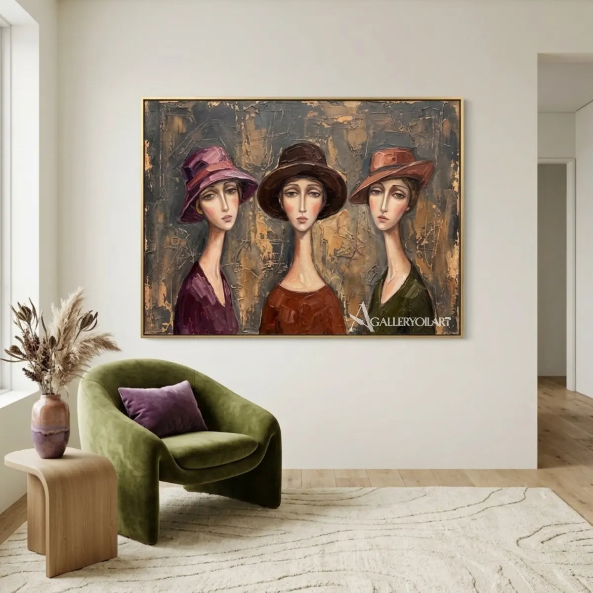 Three-women-in-hats-in-portrait-art-warm-brown-and-gray-entryway