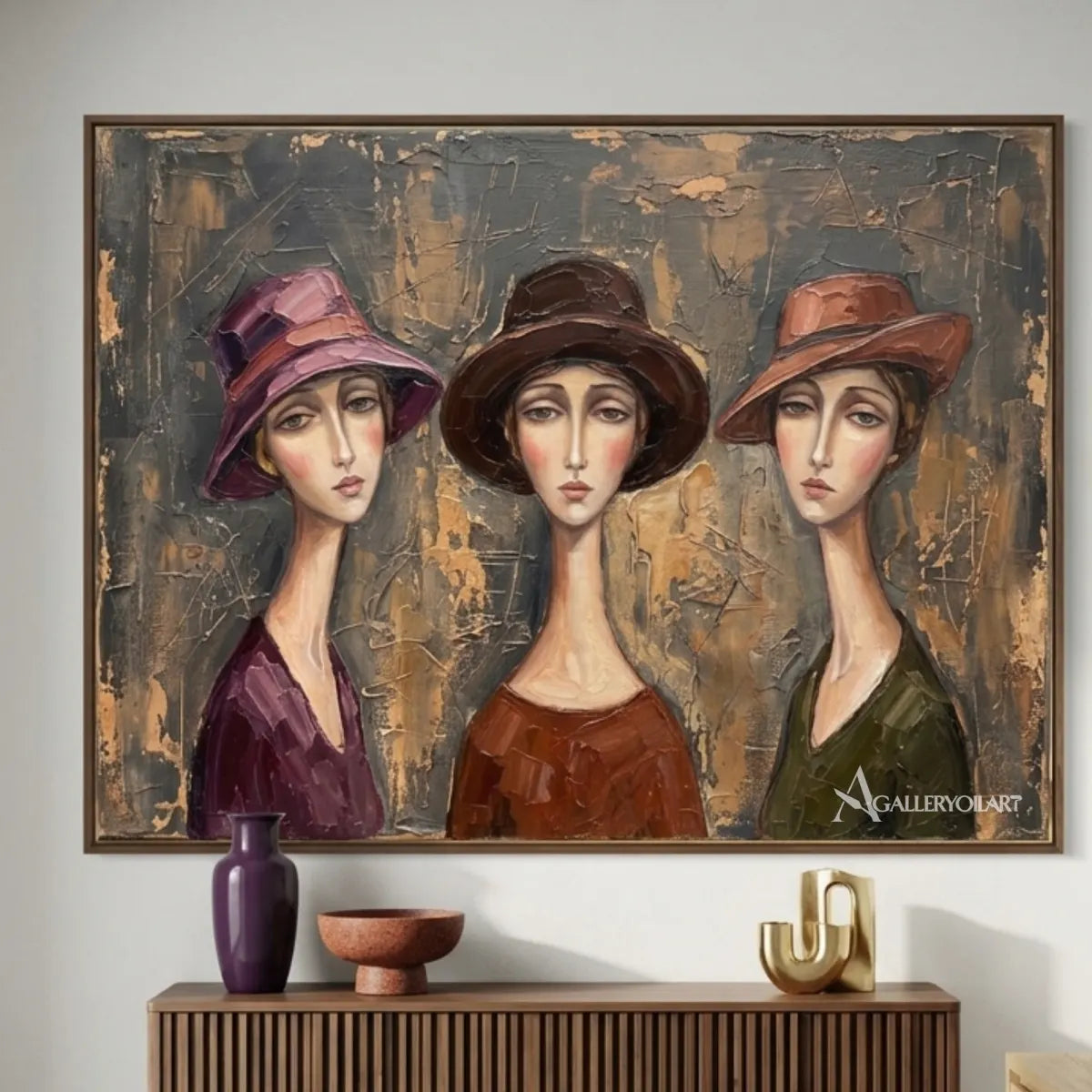 Three-women-in-hats-in-portrait-art-warm-brown-and-gray-gallery