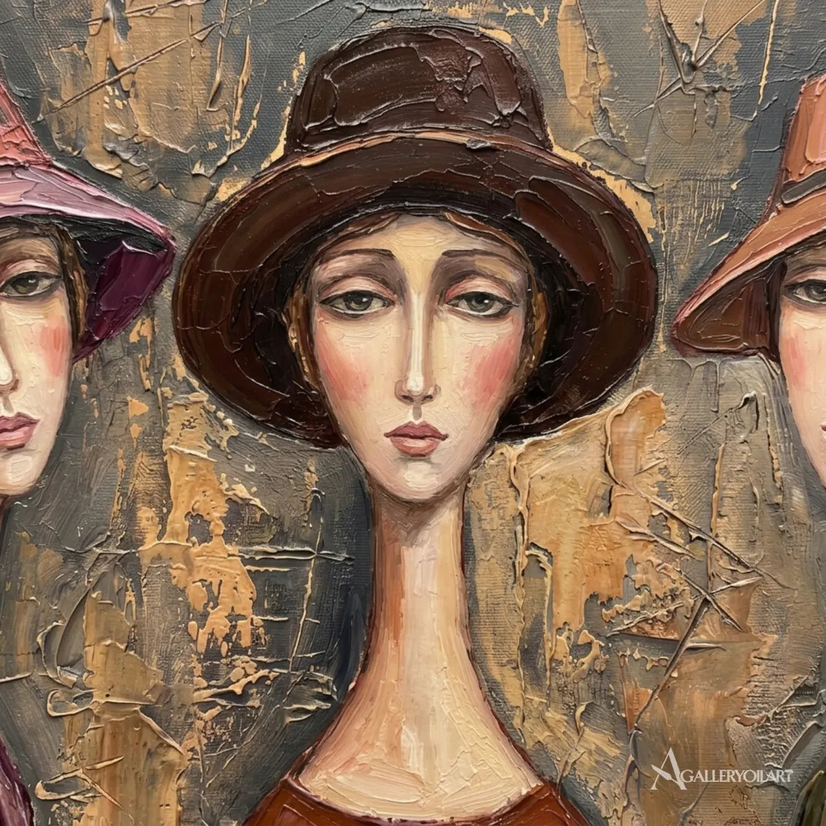 Three-women-in-hats-in-portrait-art-warm-brown-and-gray-reading-nook