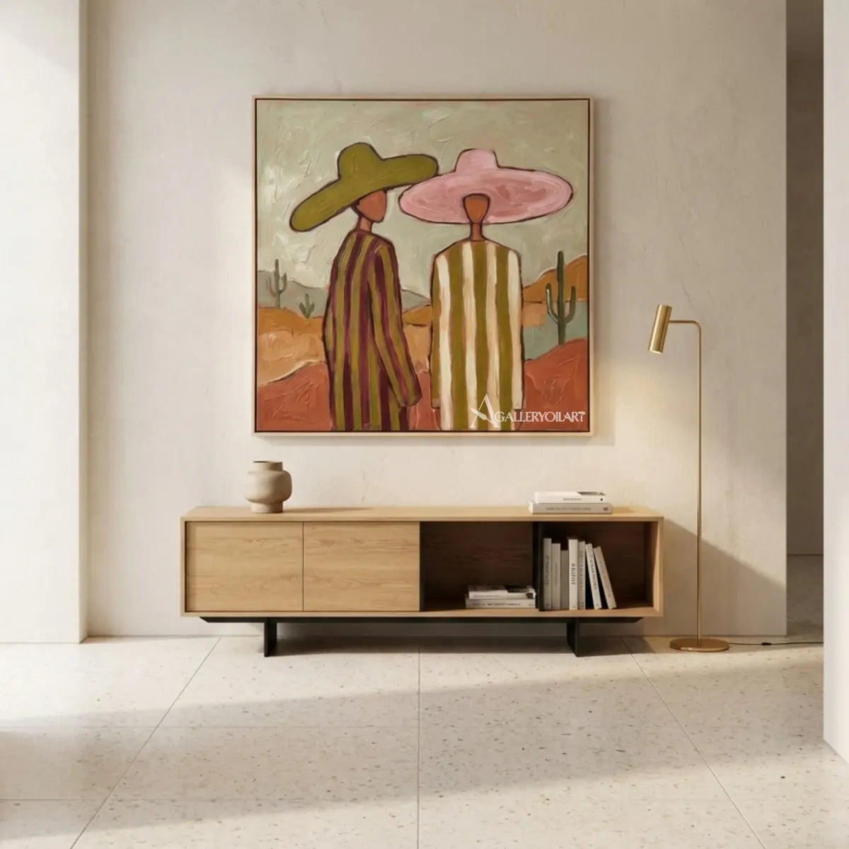 three-women-in-wide-hats-standing-together-in-green-portrait-art-displayed-in-a-architectural-room