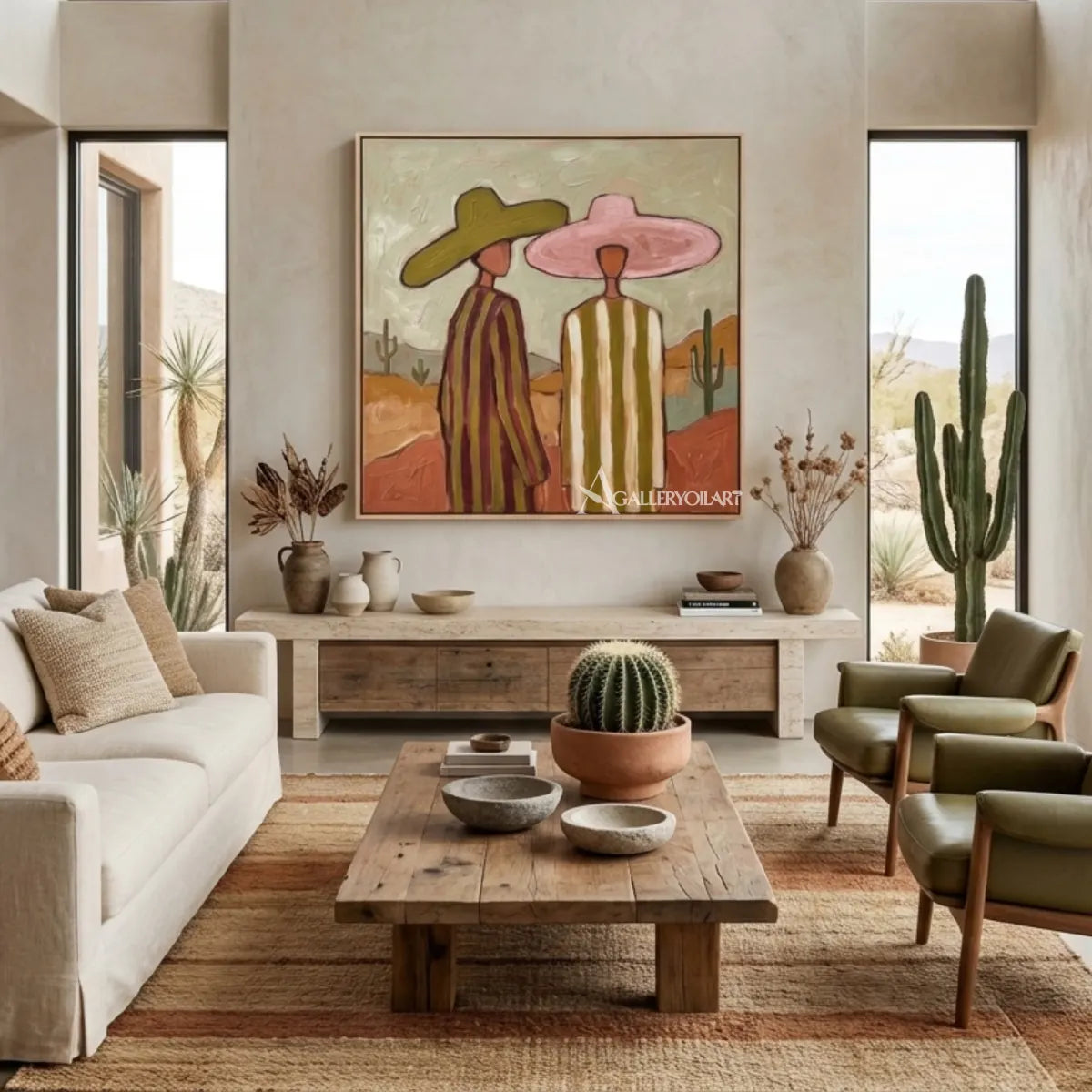 three-women-in-wide-hats-standing-together-in-green-portrait-art-displayed-in-a-double-height-interior