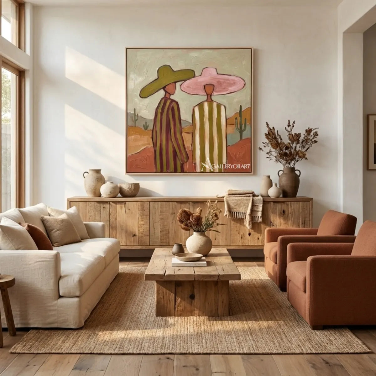 three-women-in-wide-hats-standing-together-in-green-portrait-art-displayed-in-a-gathering-room