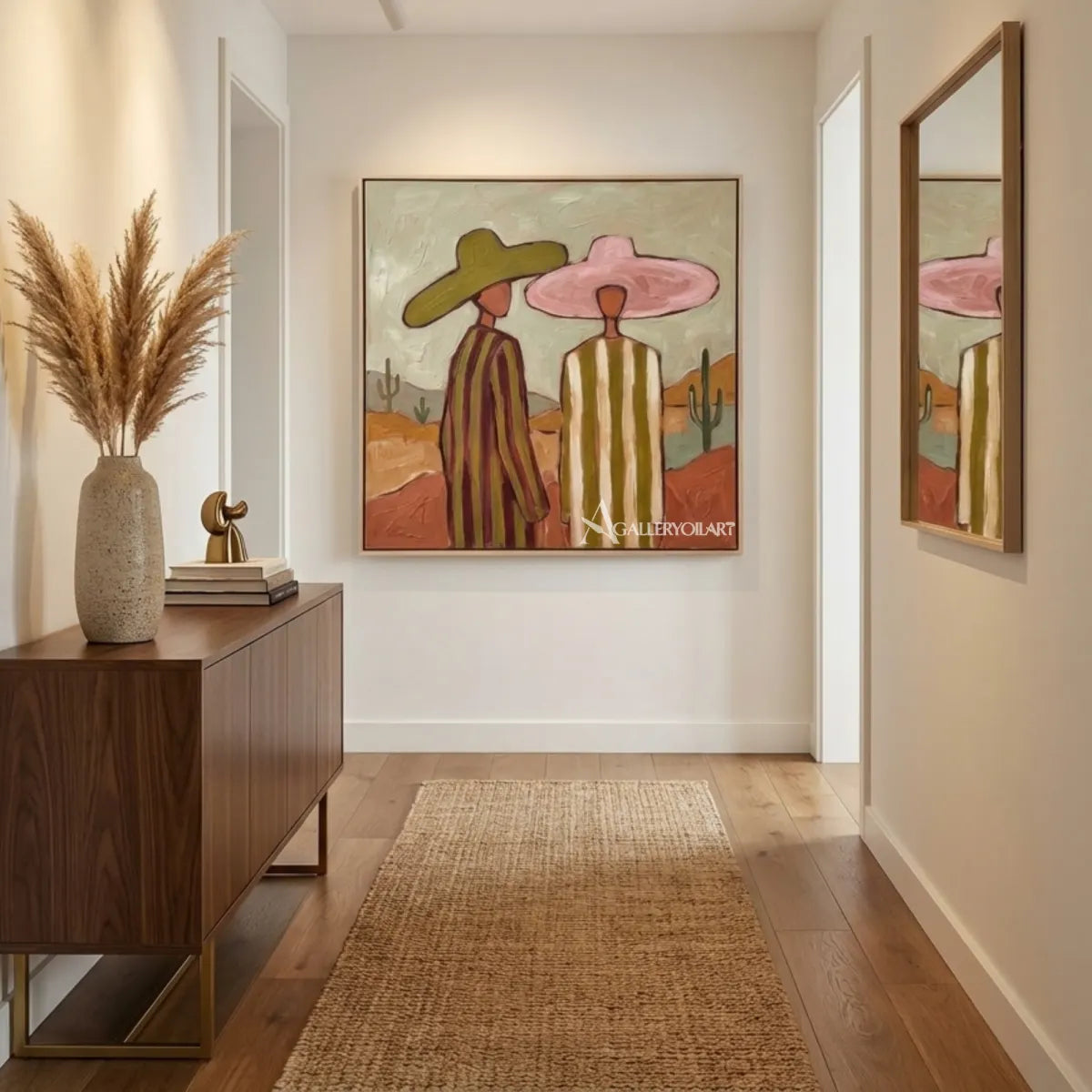 three-women-in-wide-hats-standing-together-in-green-portrait-art-displayed-in-a-transitional-room
