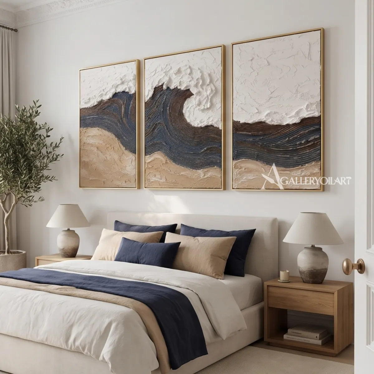 Tidal-arches-triptych-in-Textured-3D-Blue-wall-art-in-a-console-room