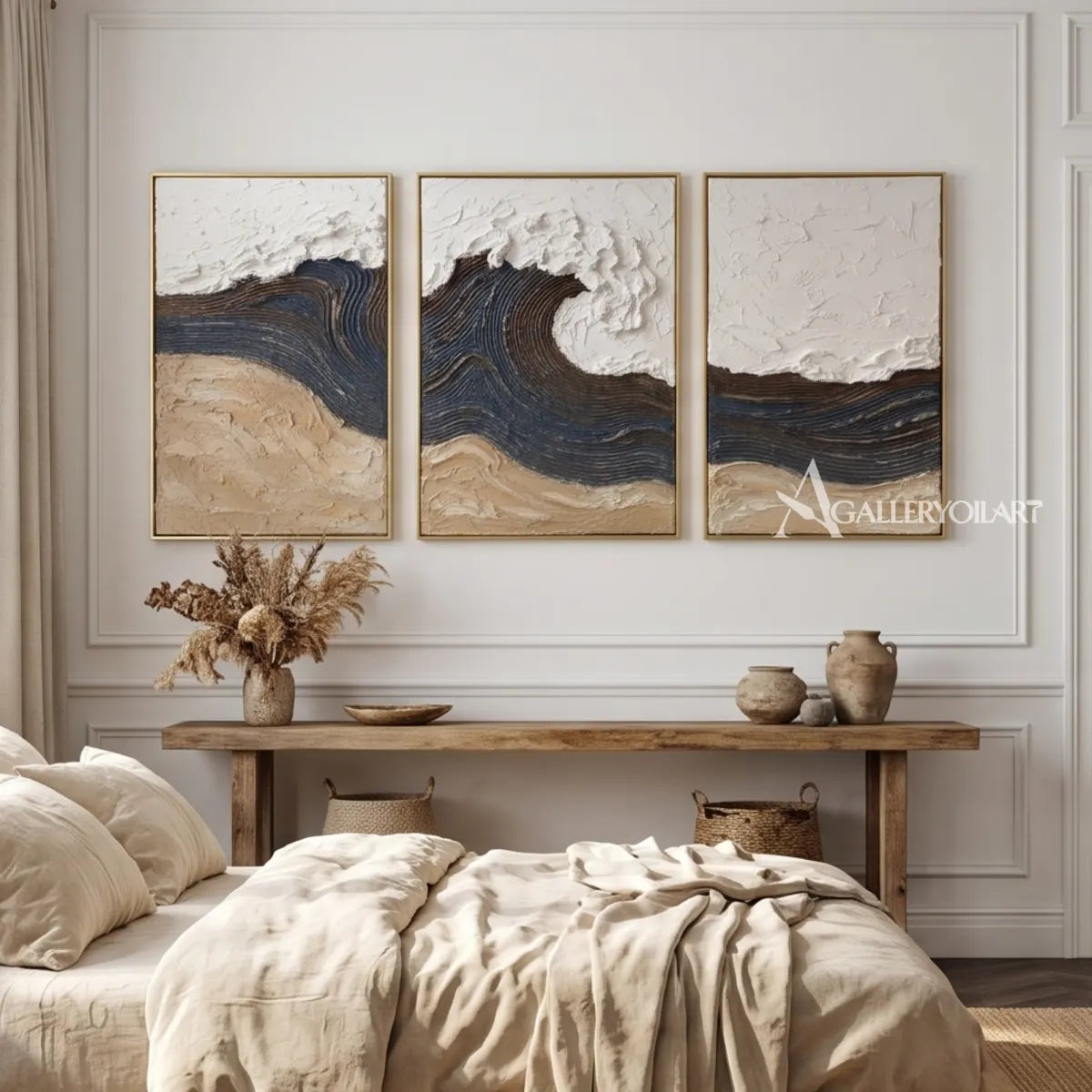 Tidal-arches-triptych-in-Textured-3D-Blue-wall-art-in-a-dining-room