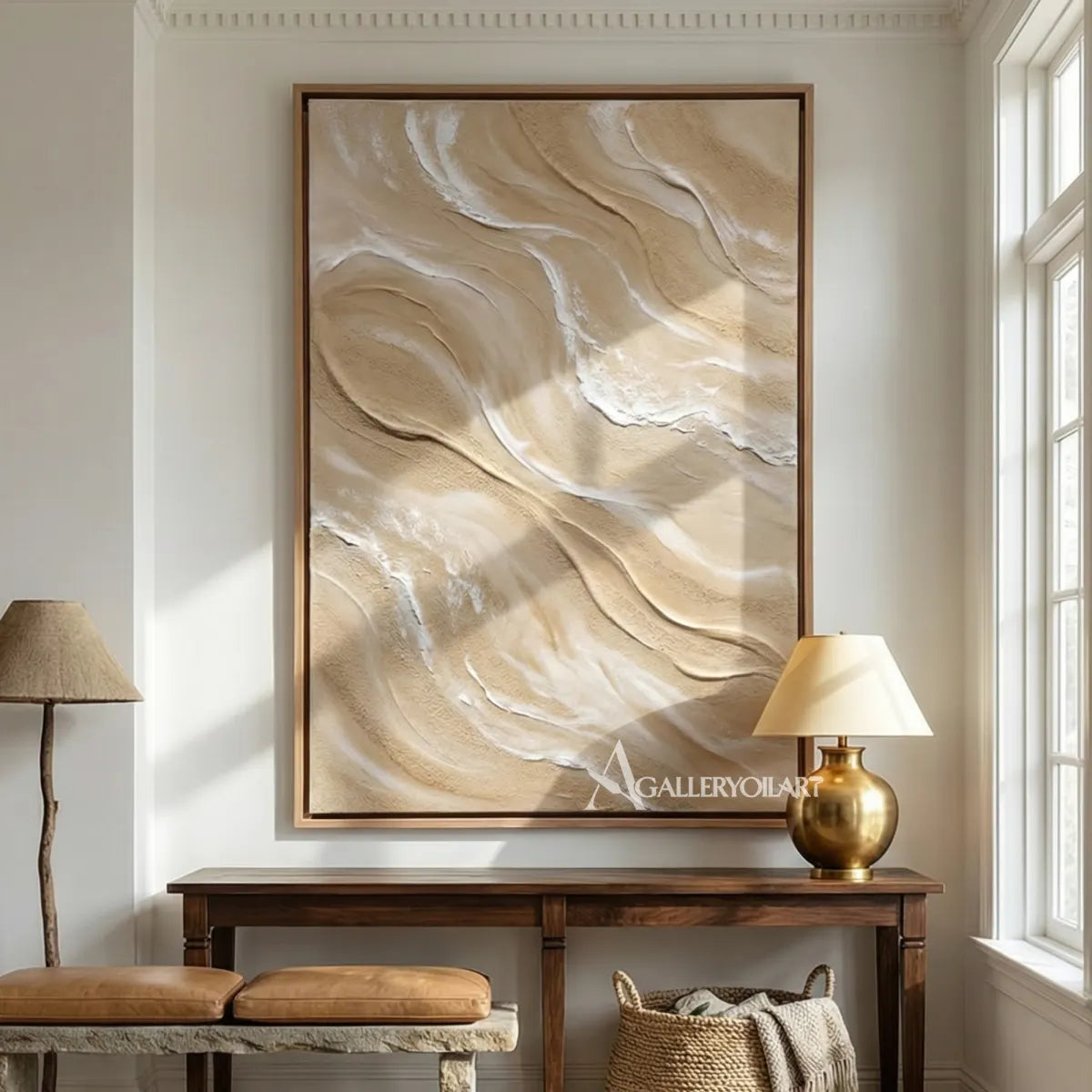 Flowing-sandlike-ridges-textured-3D-beige-wall-art-above-an-entry-console