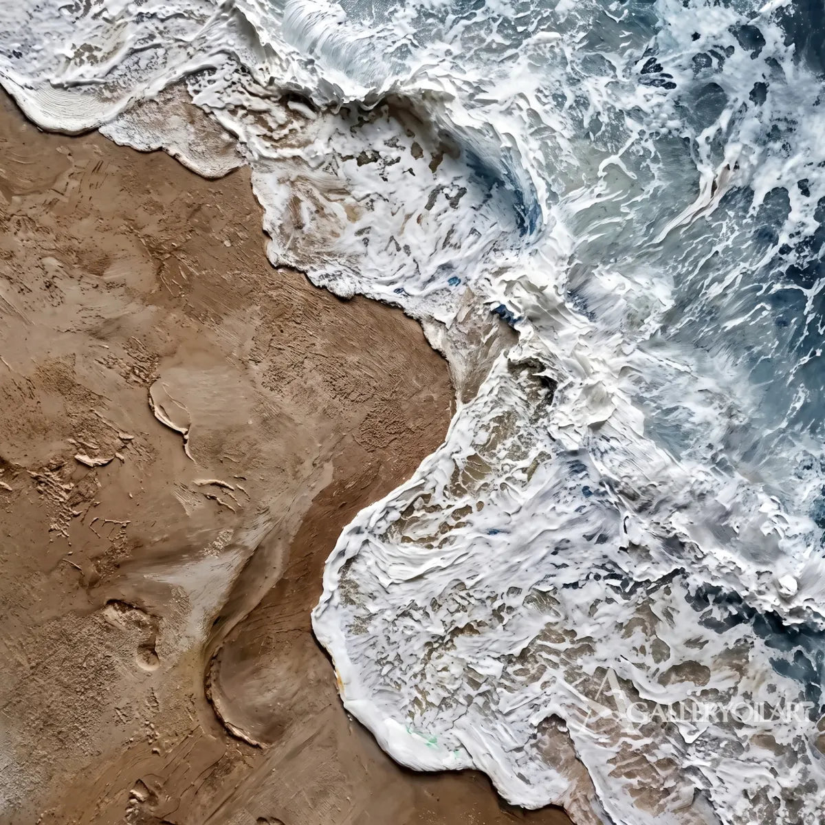 Sea Beach foaming shoreline and rolling water in blue, white, and sand relief-in-detail