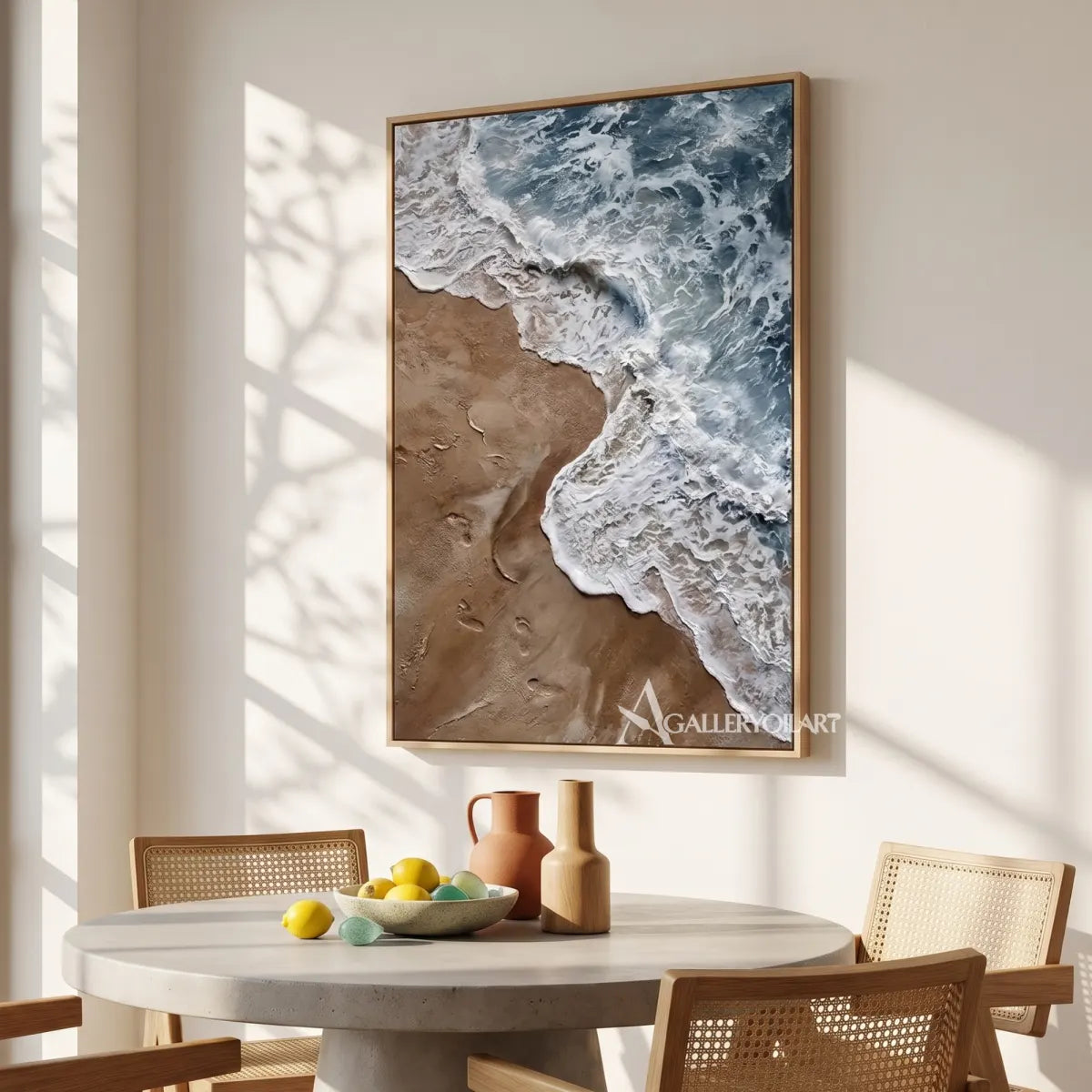 Sea Beach foaming shoreline and rolling water in blue, white, and sand relief-in-dining-room
