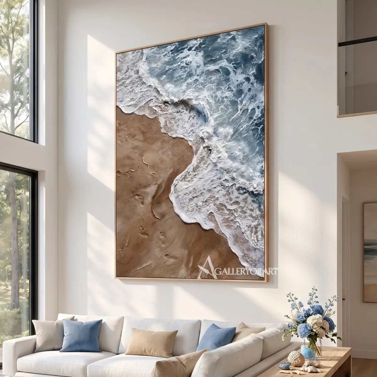 Sea Beach foaming shoreline and rolling water in blue, white, and sand relief-in-living-room