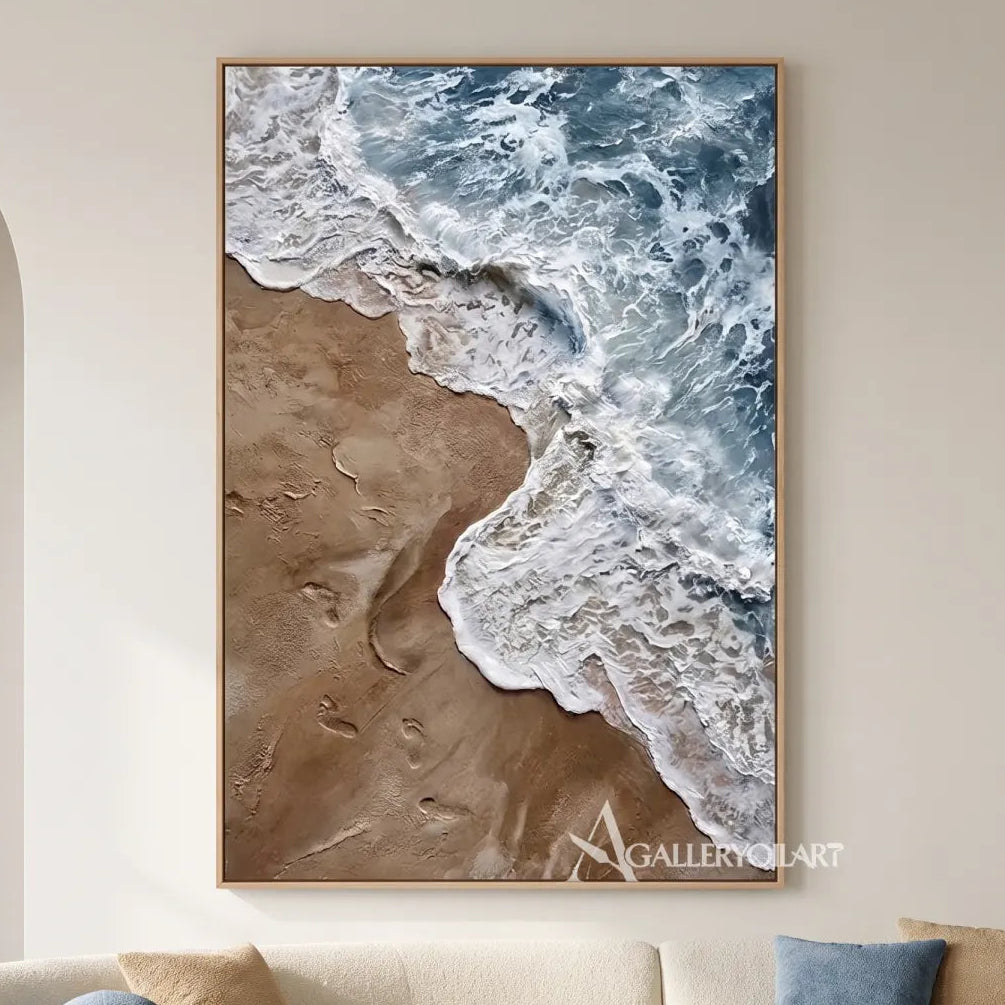 Sea Beach foaming shoreline and rolling water in blue, white, and sand relief-in-minimalist-living-room